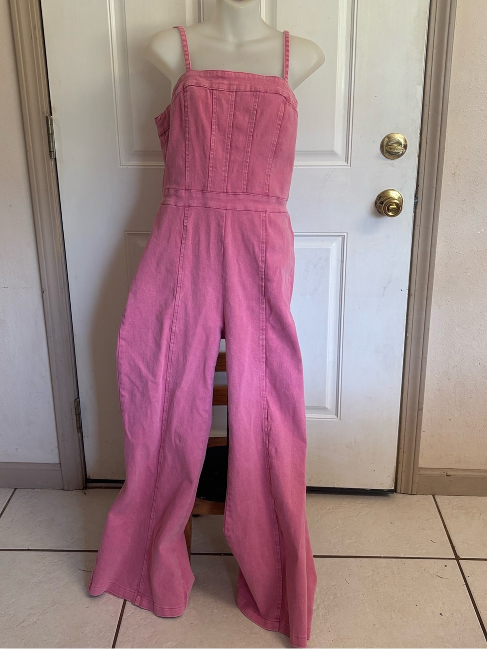 Large Amazon Rose Red Denim Sleeveless Adjustable Strap Flare Jeans Long jumpsu
